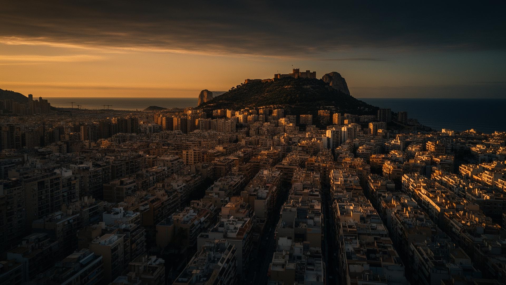 Vista aérea de Alicante al atardecer con el castillo de Santa Bárbara